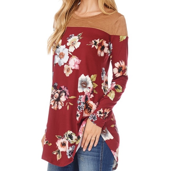 Burgundy Floral Tunic Top with Suede Shoulders - Picture 4 of 5